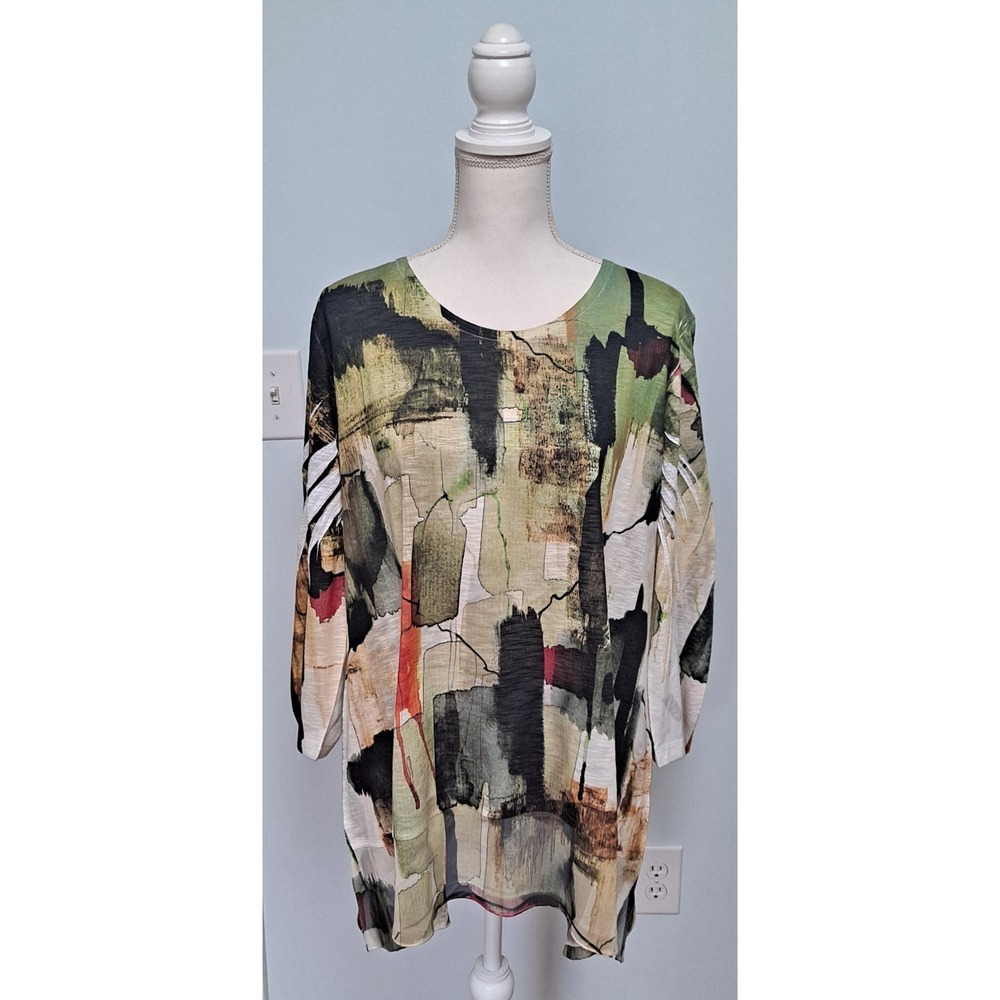 Jess & Jane Top Women XL Abstract Print Tunic 3/4 Sleeve Stretch USA Green Knit